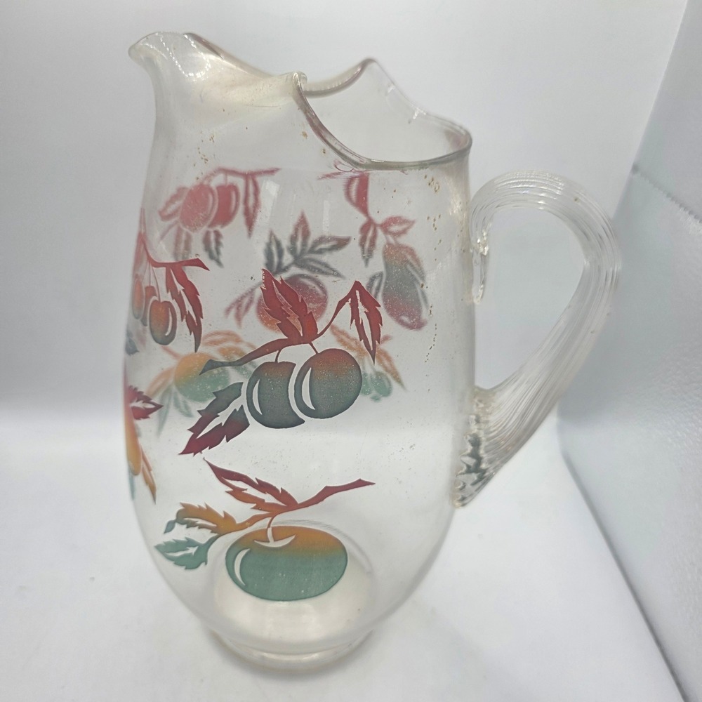 Vintage 1950s Clear Glass Fruit Pitcher Ribbed Handle Ice Lip Retro Kitchen